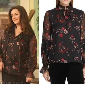 Lauren Ralph Lauren Black Floral Sheer Tie Mock Neck Poet Long Sleeves Blouse- M